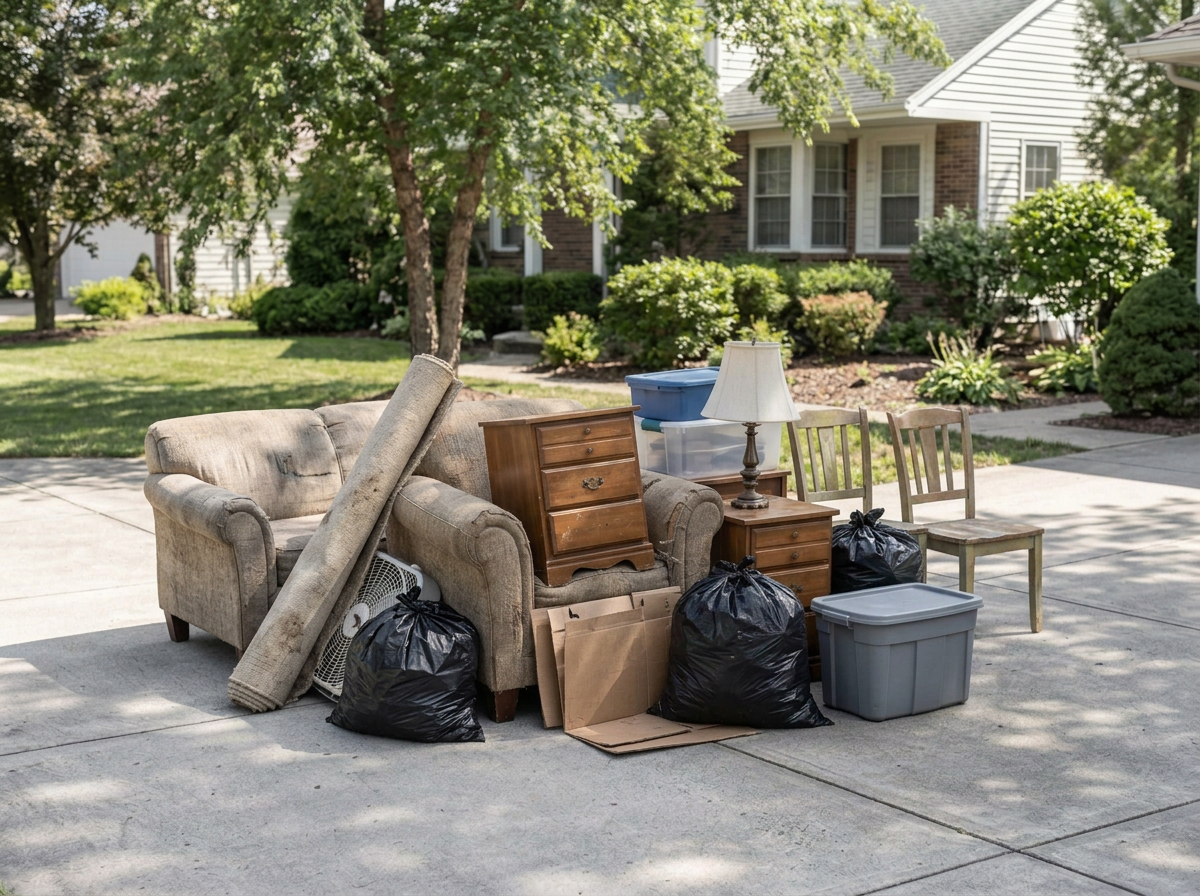 Unwanted furniture and bagged household items staged neatly on a driveway