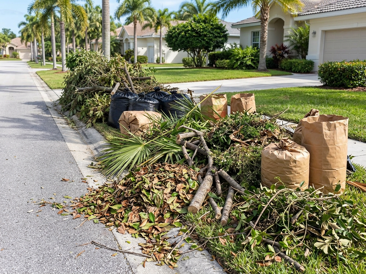 Yard debris and bagged outdoor waste stacked at the curb for removal
